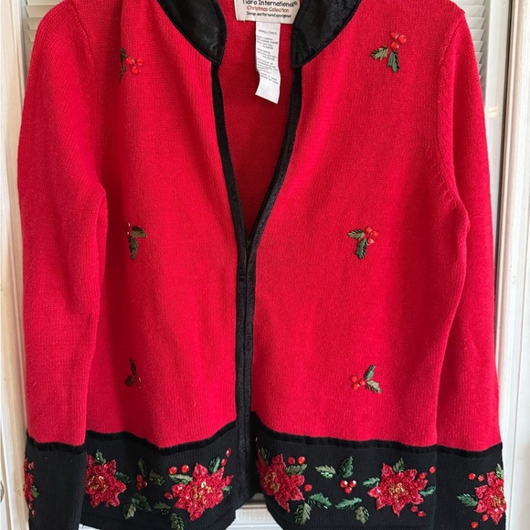 Vintage 90s Y2K Christmas Cardigan Velvet Collar Beaded Poinsettia Full Zip Red - Picture 1 of 6